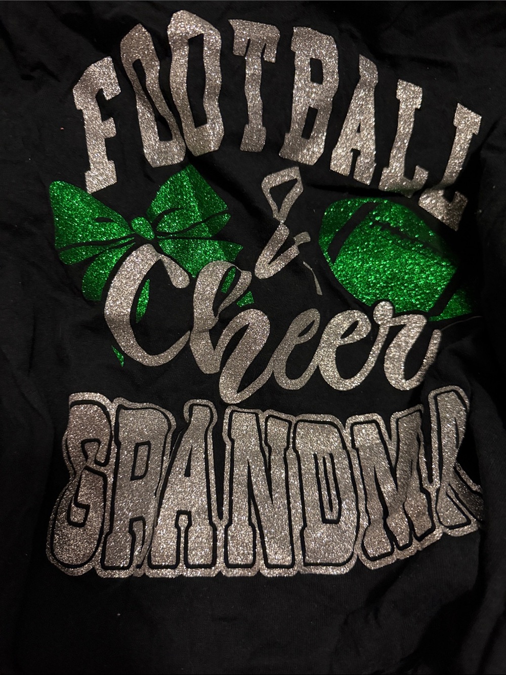Gildan Black Long Sleeve Tee with Green & Silver Glitter Football/Cheer Design